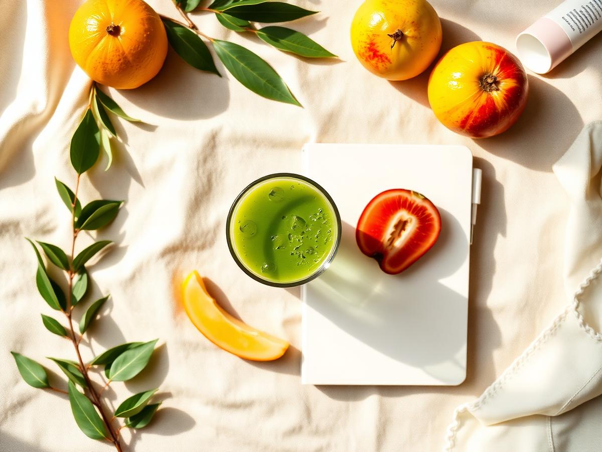 Morning ritual with greens, fruit and journal